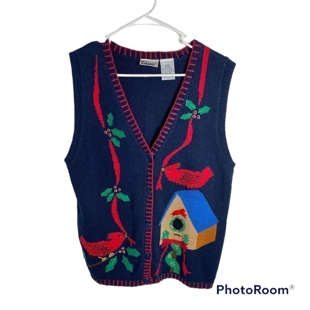 Vintage Knit Sweater Vest Red Cardinal Holly Leaves Christmas Large Blue Women’s